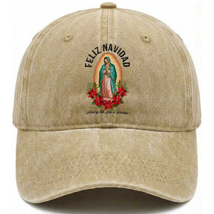 Virgin Mary Feliz Navidad Washed Cotton Baseball Cap Our Lady Virgen De Guadalupe TS14 Washed Cap Universal Fit Khaki Print Your Wear