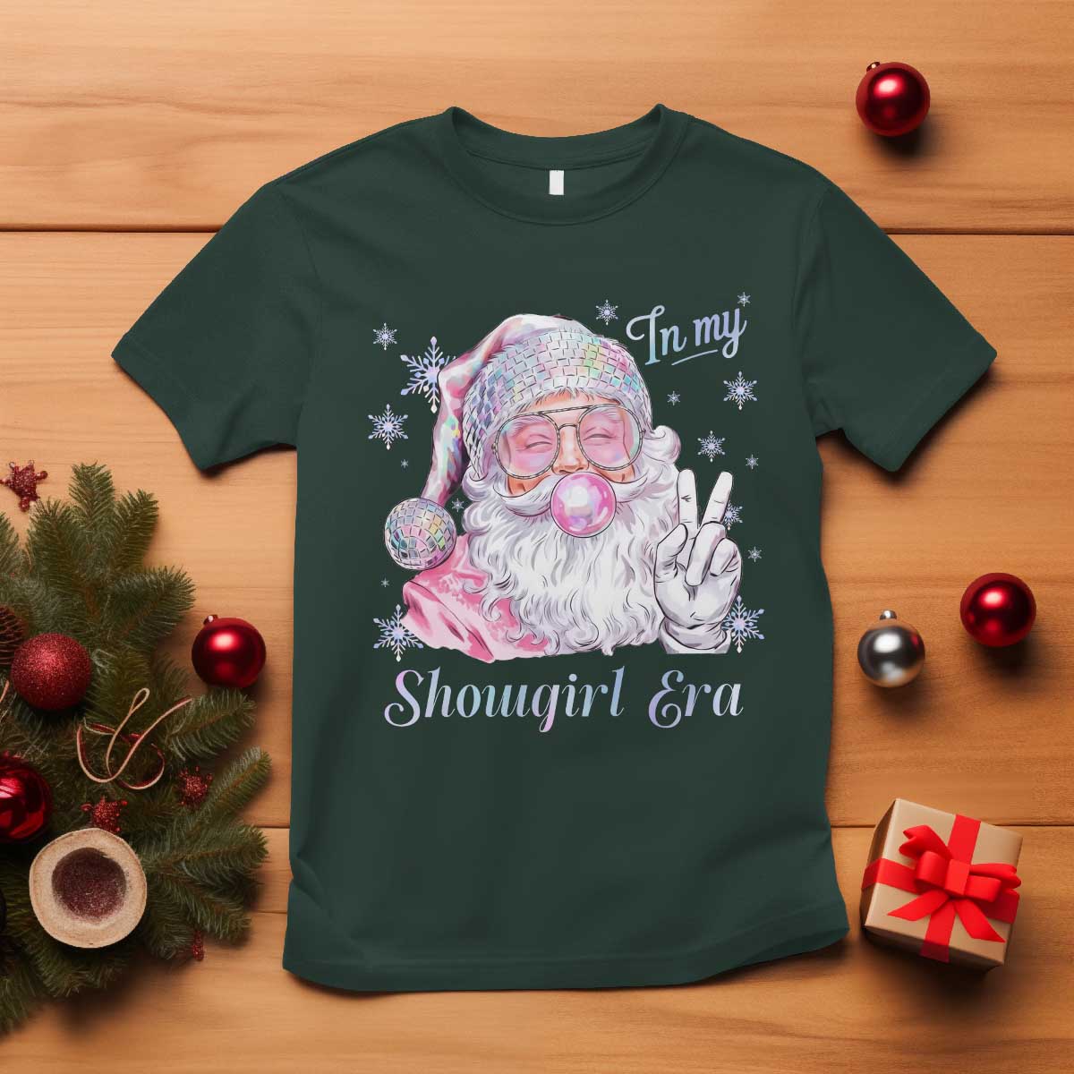 Pink Santa Christmas T Shirt Bubble Gum Peace Sign TS14 Dark Forest Green Print Your Wear