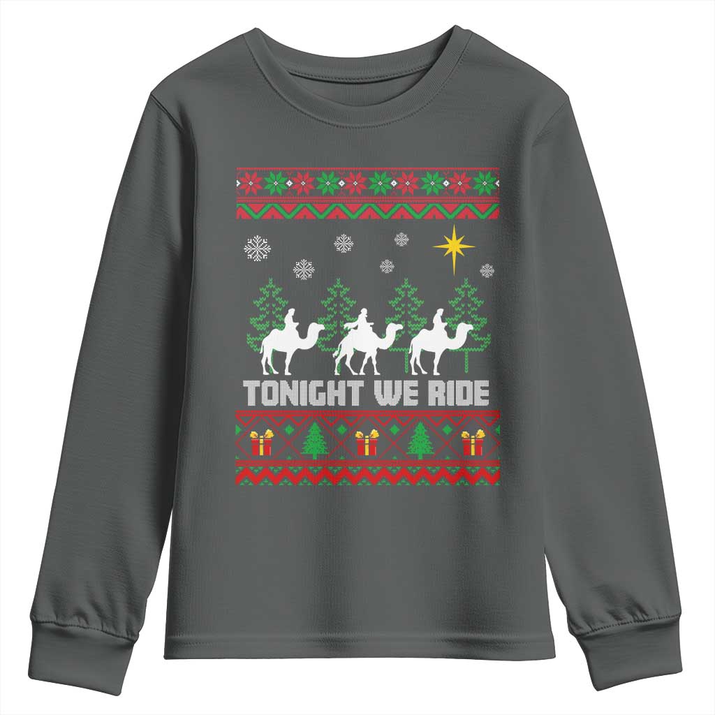 Tonight We Ride Youth Sweatshirt Three Wise Men Nativity Scene Christmas TS14 Dark Heather Print Your Wear