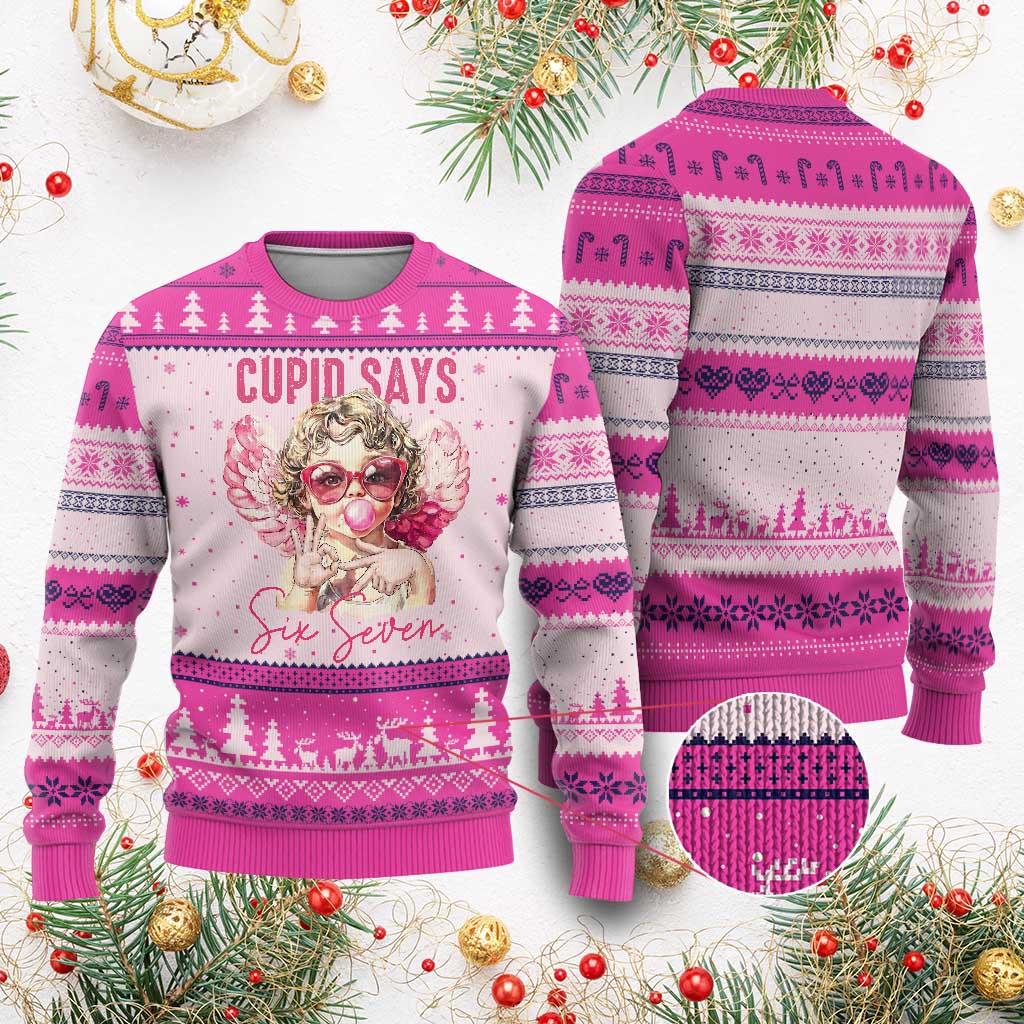 67 Valetines Ugly Christmas Sweater Funny Cupid Says Six Seven TS14 Hot Pink Print Your Wear