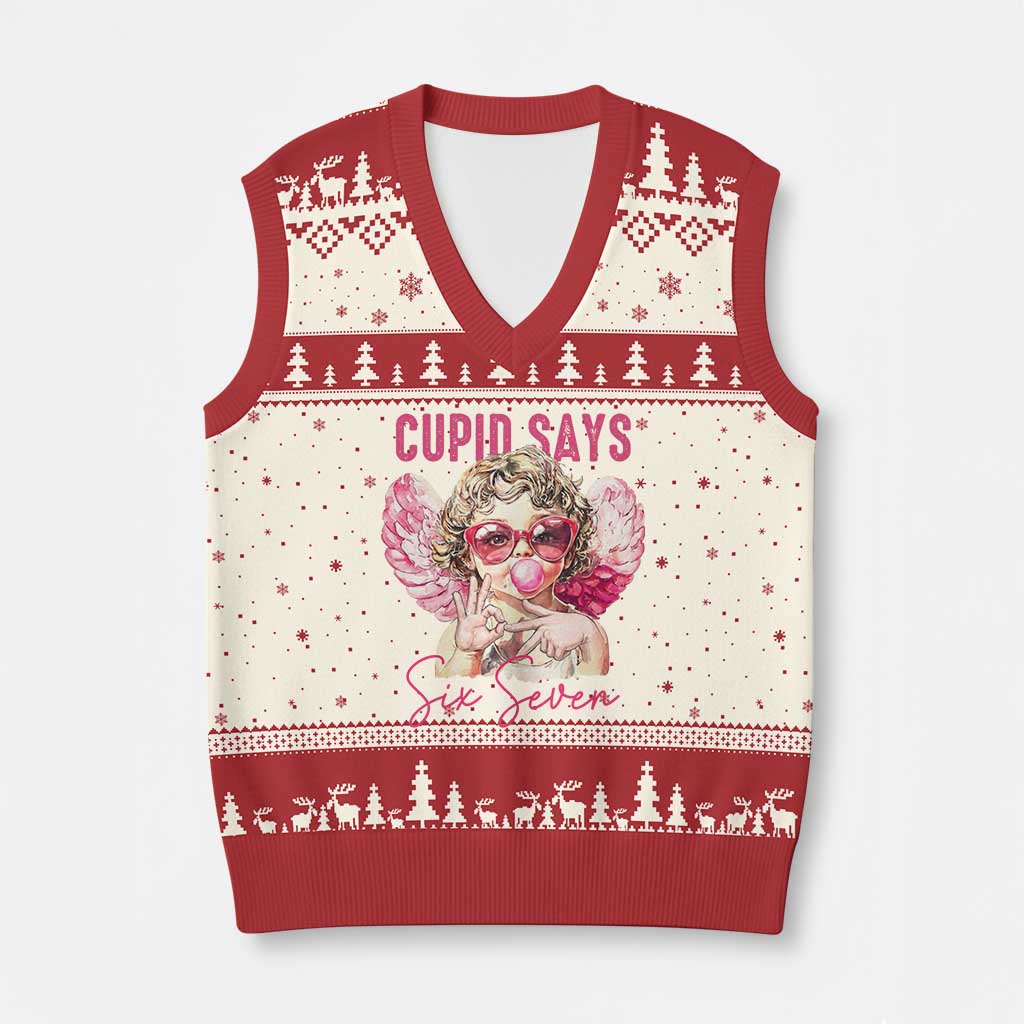 67 Valetines V-Neck Knit Sweater Vest Funny Cupid Says Six Seven TS14 Beige Red Print Your Wear