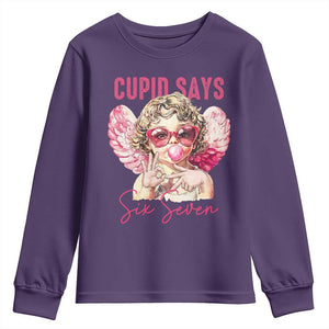 67 Valetines Youth Sweatshirt Funny Cupid Says Six Seven TS14 Purple Print Your Wear