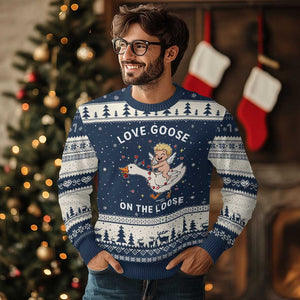 Funny Valentine Goose Ugly Christmas Sweater Love Goose On The Loose TS14 Navy Beige Print Your Wear