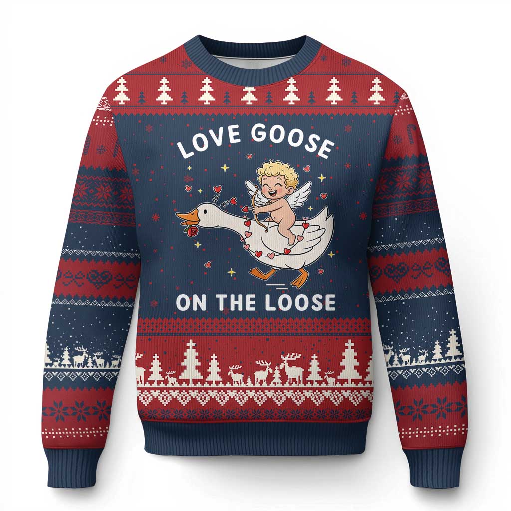 Funny Valentine Goose Ugly Christmas Sweater Love Goose On The Loose TS14 Navy Red Print Your Wear