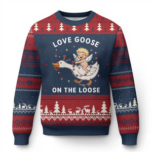 Funny Valentine Goose Ugly Christmas Sweater Love Goose On The Loose TS14 Navy Red Print Your Wear