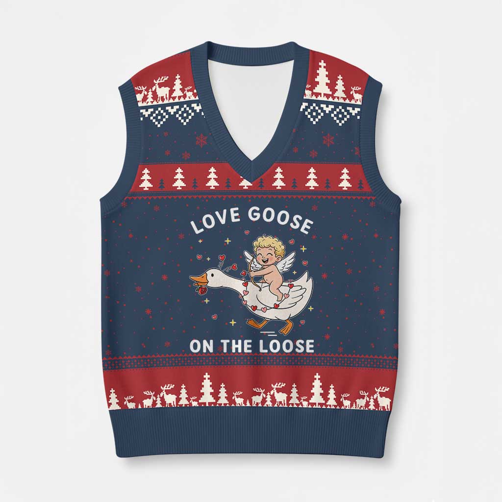 Funny Valentine Goose V-Neck Knit Sweater Vest Love Goose On The Loose TS14 Navy Red Print Your Wear