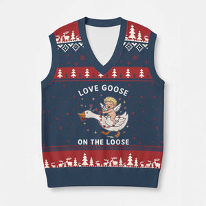 Funny Valentine Goose V-Neck Knit Sweater Vest Love Goose On The Loose TS14 Navy Red Print Your Wear