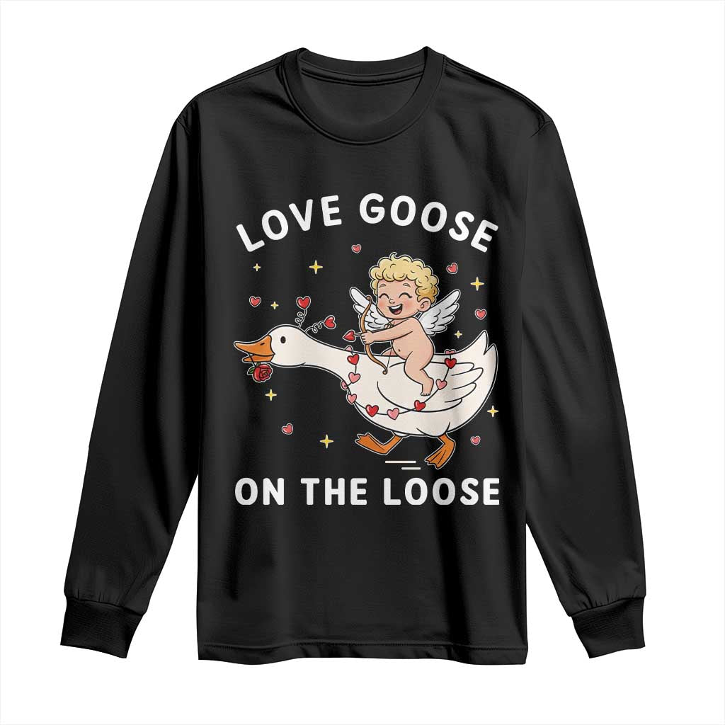 Funny Valentine Goose Long Sleeve Shirt Love Goose On The Loose TS14 Black Print Your Wear