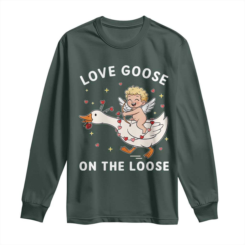 Funny Valentine Goose Long Sleeve Shirt Love Goose On The Loose TS14 Dark Forest Green Print Your Wear