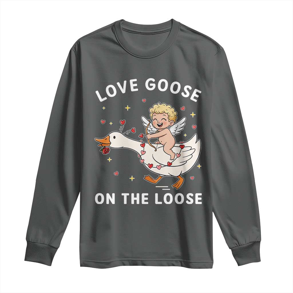 Funny Valentine Goose Long Sleeve Shirt Love Goose On The Loose TS14 Dark Heather Print Your Wear