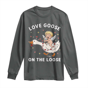 Funny Valentine Goose Long Sleeve Shirt Love Goose On The Loose TS14 Dark Heather Print Your Wear