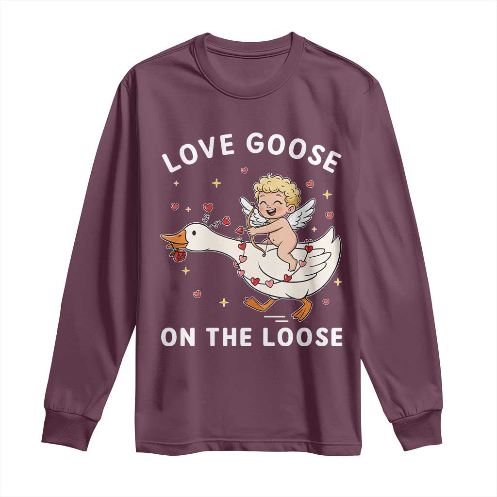 Funny Valentine Goose Long Sleeve Shirt Love Goose On The Loose TS14 Maroon Print Your Wear