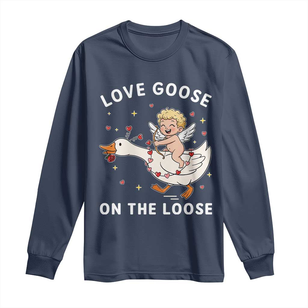Funny Valentine Goose Long Sleeve Shirt Love Goose On The Loose TS14 Navy Print Your Wear