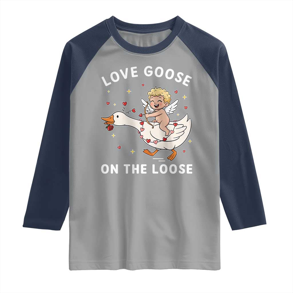 Funny Valentine Goose Raglan Shirt Love Goose On The Loose TS14 Sport Gray Navy Print Your Wear