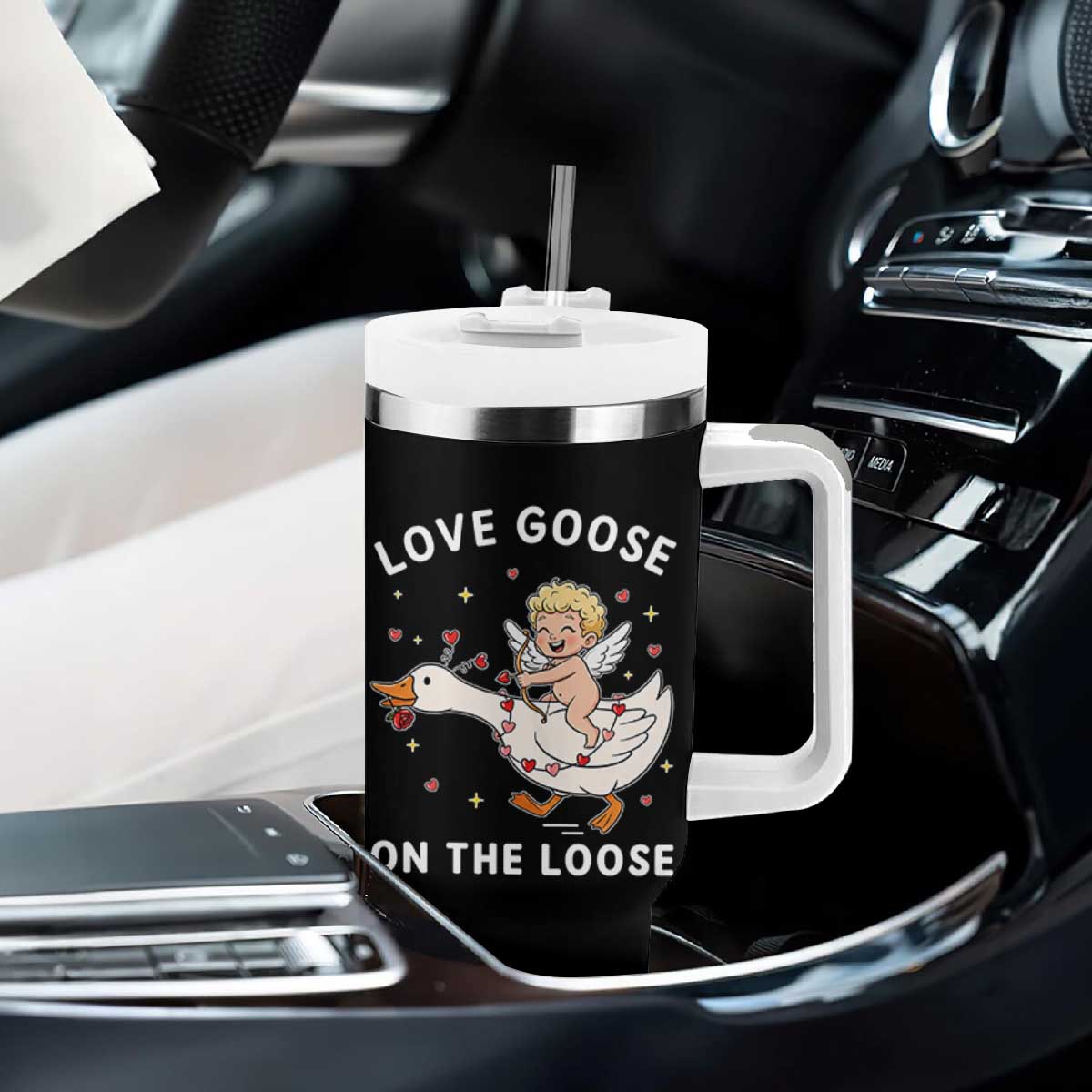 Funny Valentine Goose Tumbler With Handle Love Goose On The Loose TS14 Print Your Wear