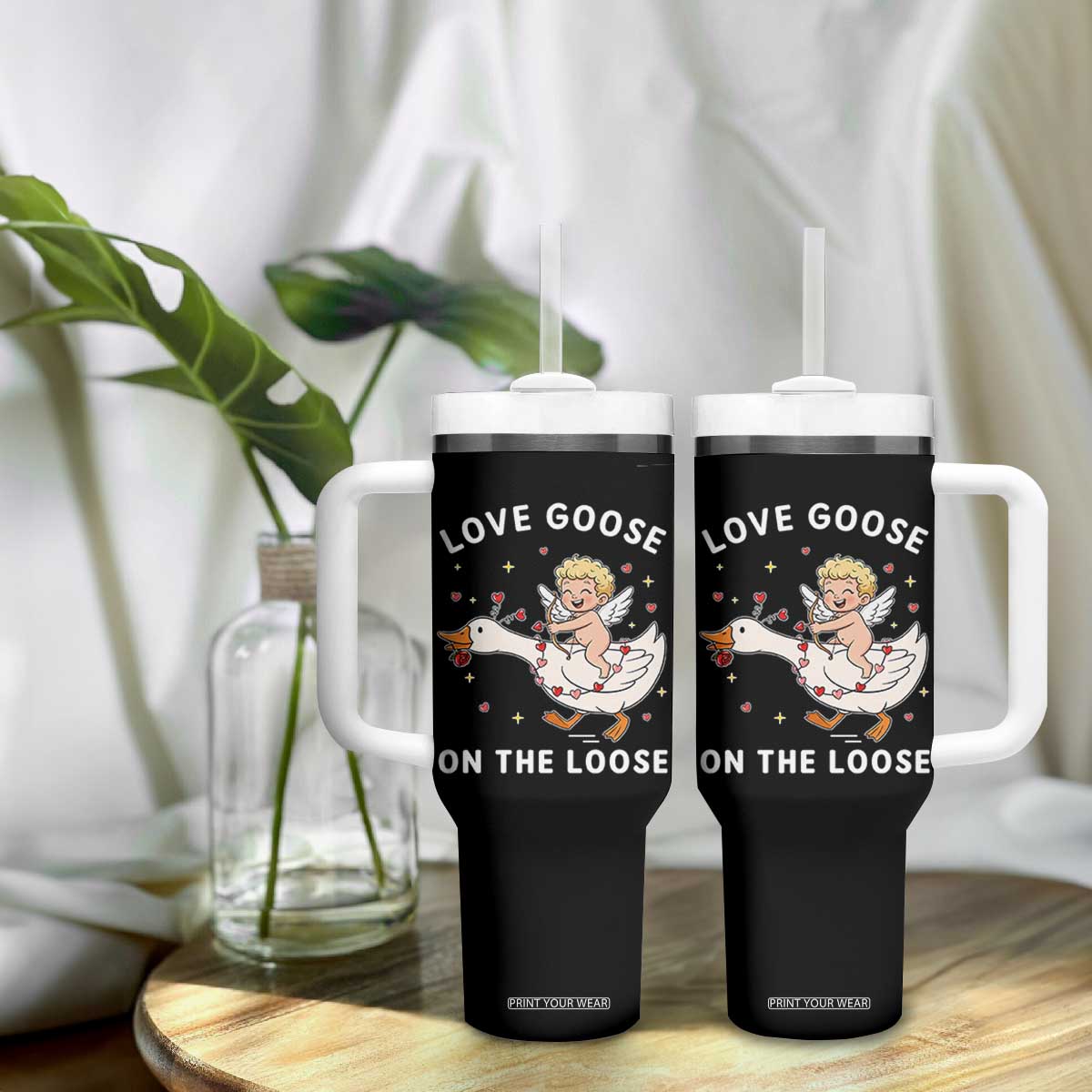 Funny Valentine Goose Tumbler With Handle Love Goose On The Loose TS14 Print Your Wear