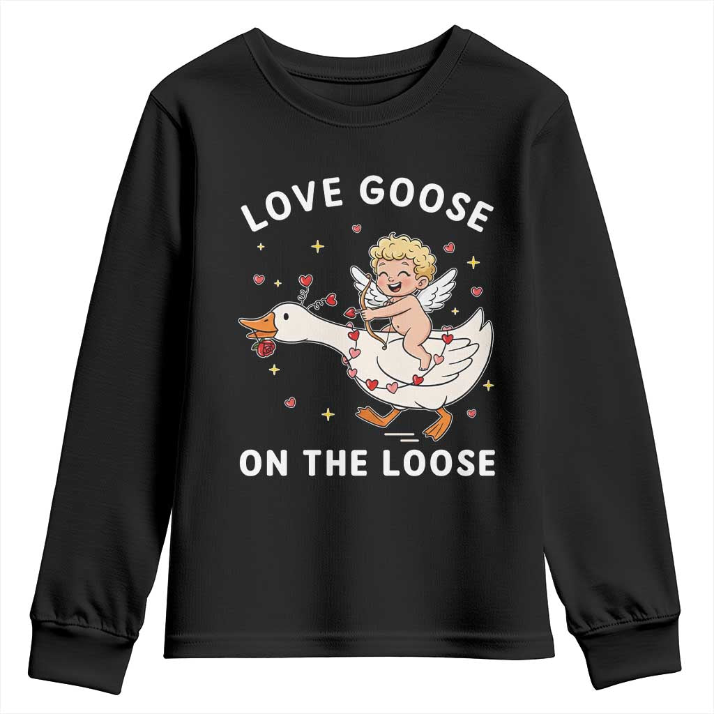Funny Valentine Goose Youth Sweatshirt Love Goose On The Loose TS14 Black Print Your Wear