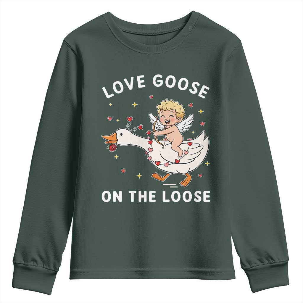 Funny Valentine Goose Youth Sweatshirt Love Goose On The Loose TS14 Dark Forest Green Print Your Wear