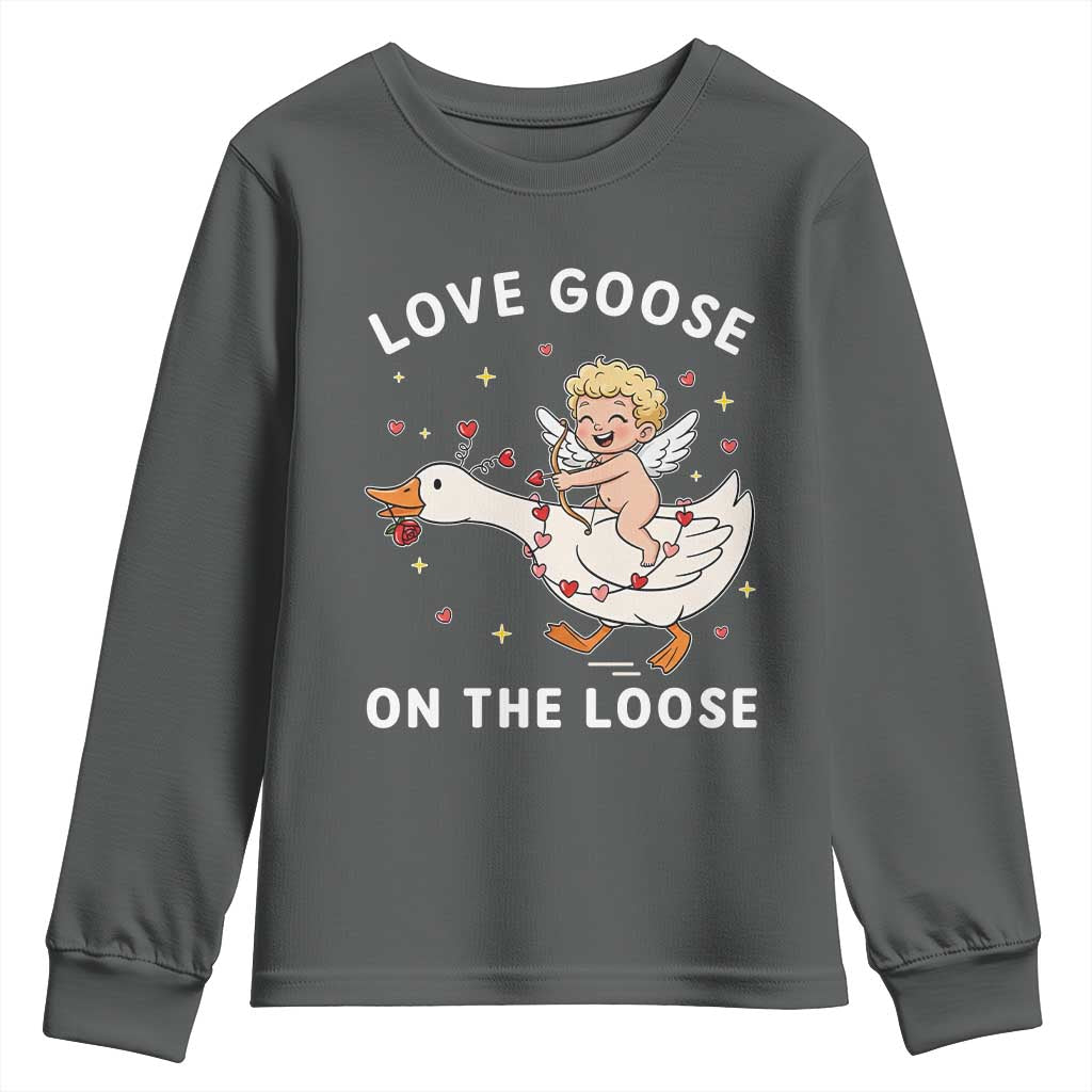 Funny Valentine Goose Youth Sweatshirt Love Goose On The Loose TS14 Dark Heather Print Your Wear