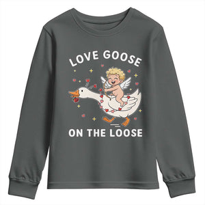 Funny Valentine Goose Youth Sweatshirt Love Goose On The Loose TS14 Dark Heather Print Your Wear