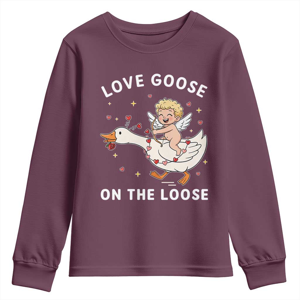 Funny Valentine Goose Youth Sweatshirt Love Goose On The Loose TS14 Maroon Print Your Wear