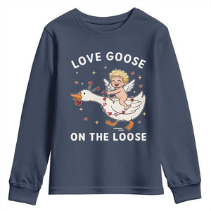 Funny Valentine Goose Youth Sweatshirt Love Goose On The Loose TS14 Navy Print Your Wear