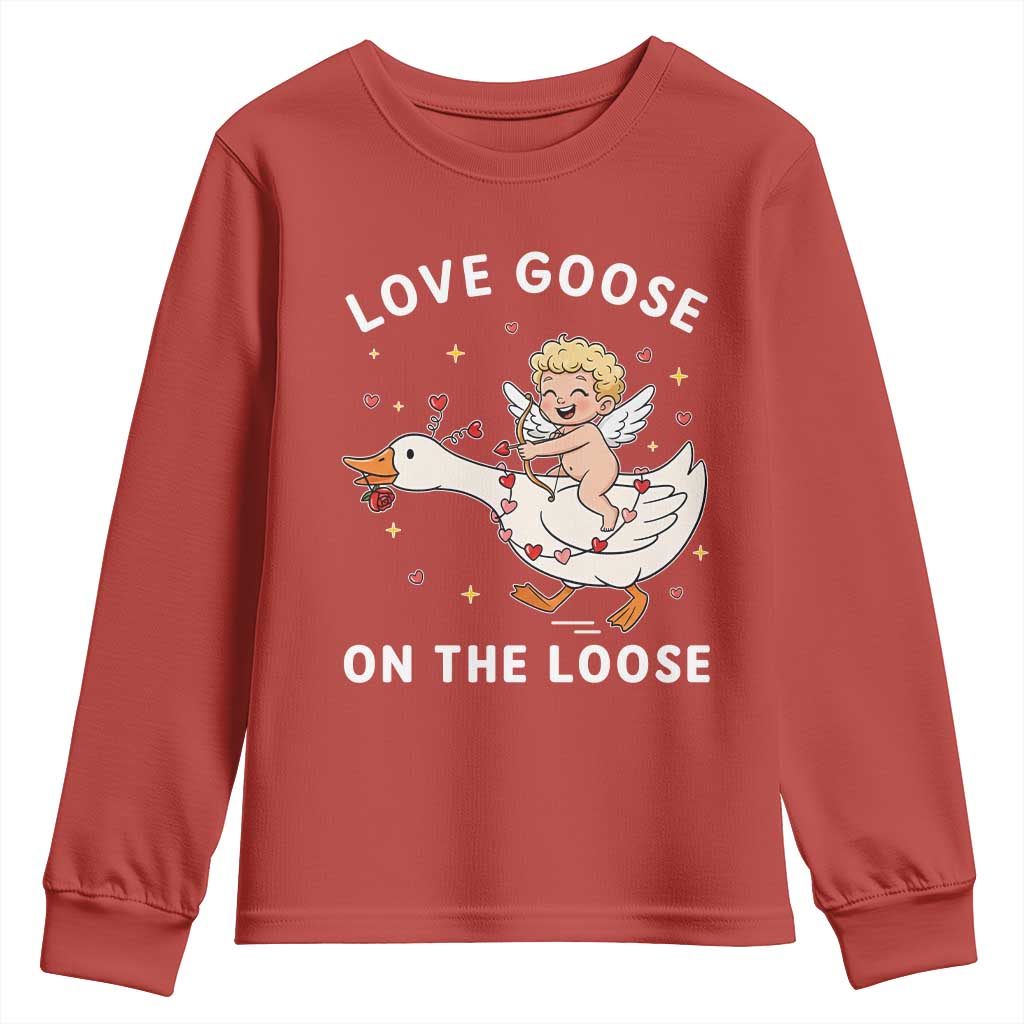 Funny Valentine Goose Youth Sweatshirt Love Goose On The Loose TS14 Red Print Your Wear