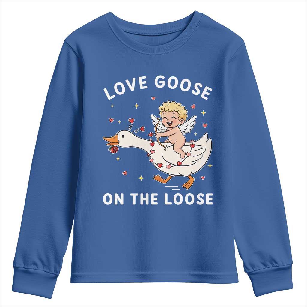 Funny Valentine Goose Youth Sweatshirt Love Goose On The Loose TS14 Royal Blue Print Your Wear