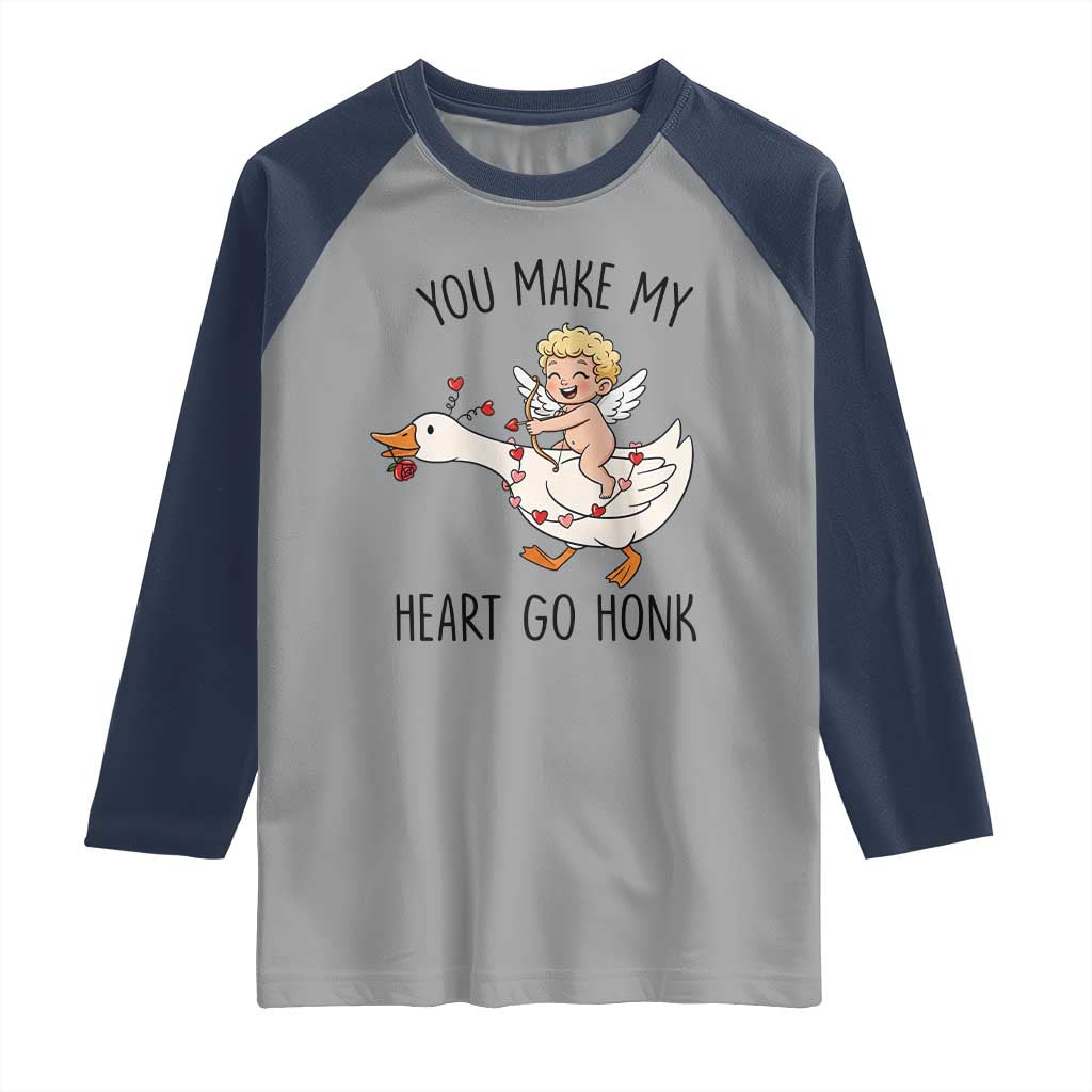 Funny Valentine Goose Raglan Shirt You Make My Heart Go Honk TS14 Sport Gray Navy Print Your Wear