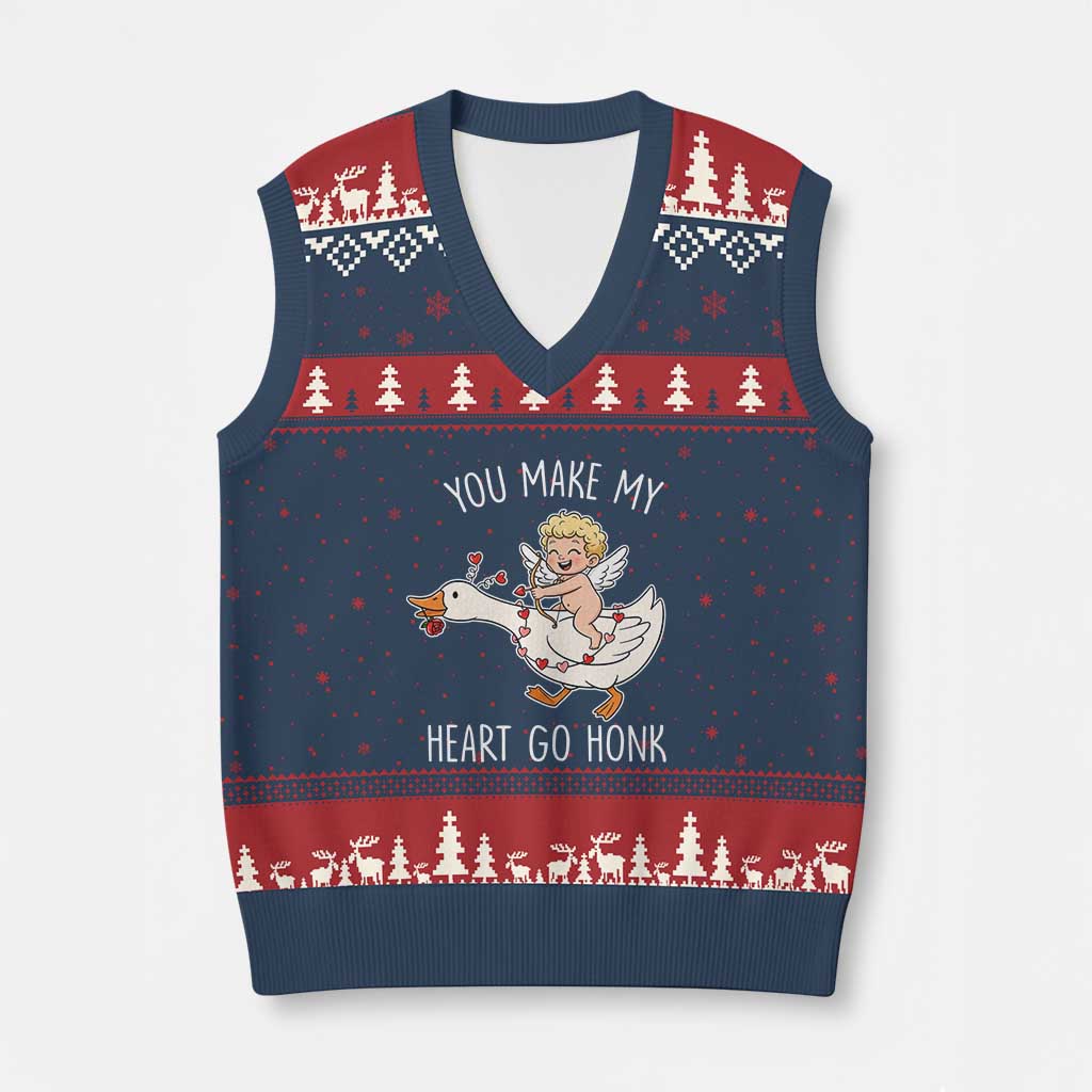 You Make My Heart Go Honk V-Neck Knit Sweater Vest Funny Valentine Goose TS14 Navy Red Print Your Wear