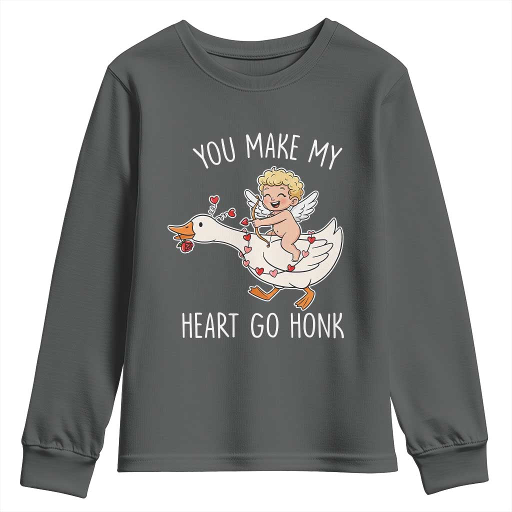 You Make My Heart Go Honk Youth Sweatshirt Funny Valentine Goose TS14 Dark Heather Print Your Wear