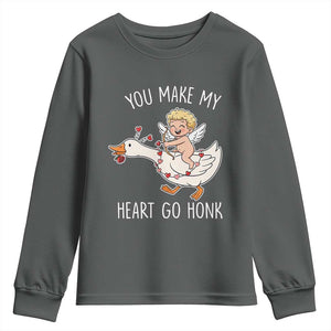 You Make My Heart Go Honk Youth Sweatshirt Funny Valentine Goose TS14 Dark Heather Print Your Wear