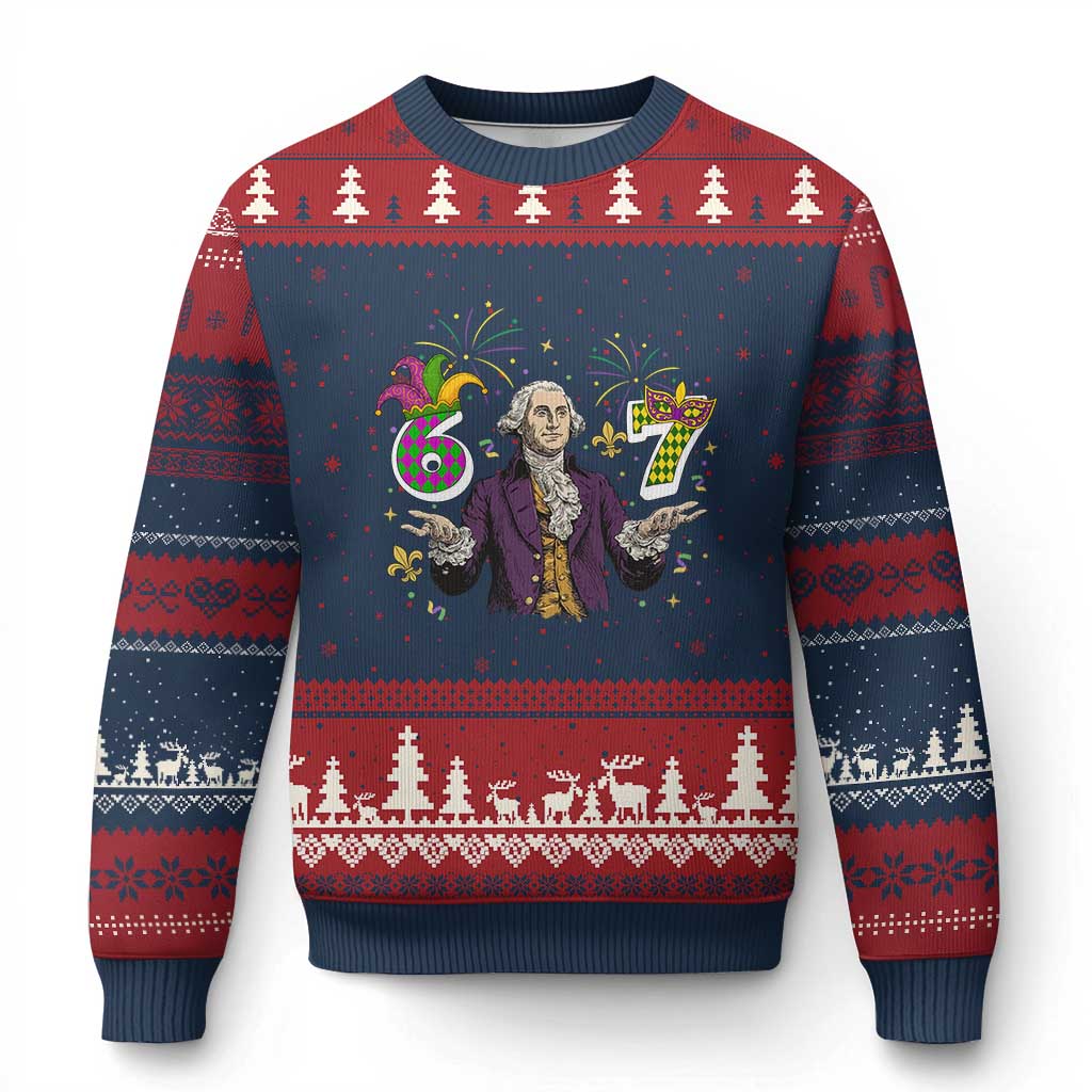 67 Mardi Gras Ugly Christmas Sweater Funny Six Seven George Washington Meme TS14 Navy Red Print Your Wear