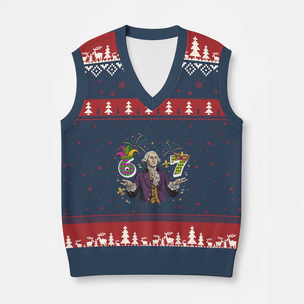 67 Mardi Gras V-Neck Knit Sweater Vest Funny Six Seven George Washington Meme TS14 Navy Red Print Your Wear