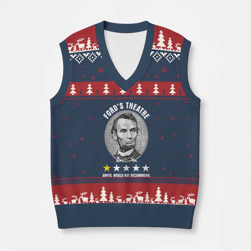 Abraham Lincoln History Teacher V-Neck Knit Sweater Vest Ford's Theatre Awful Would Not Recommend TS14 Navy Red Print Your Wear