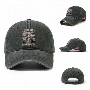George Sloshington Washington Washed Cotton Baseball Cap 4th of July America Flag Beer TS14 Washed Cap Universal Fit Dark Green Print Your Wear