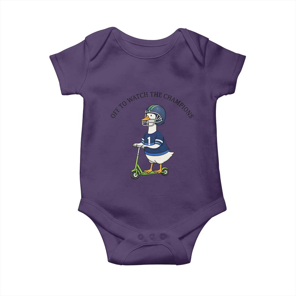 Funny Seattle Goose 2026 Baby Onesie Off To Watch The Champions TS14 Purple Print Your Wear