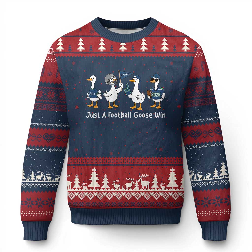 Seattle 2026 Ugly Christmas Sweater Just A Football Goose Win TS14 Navy Red Print Your Wear