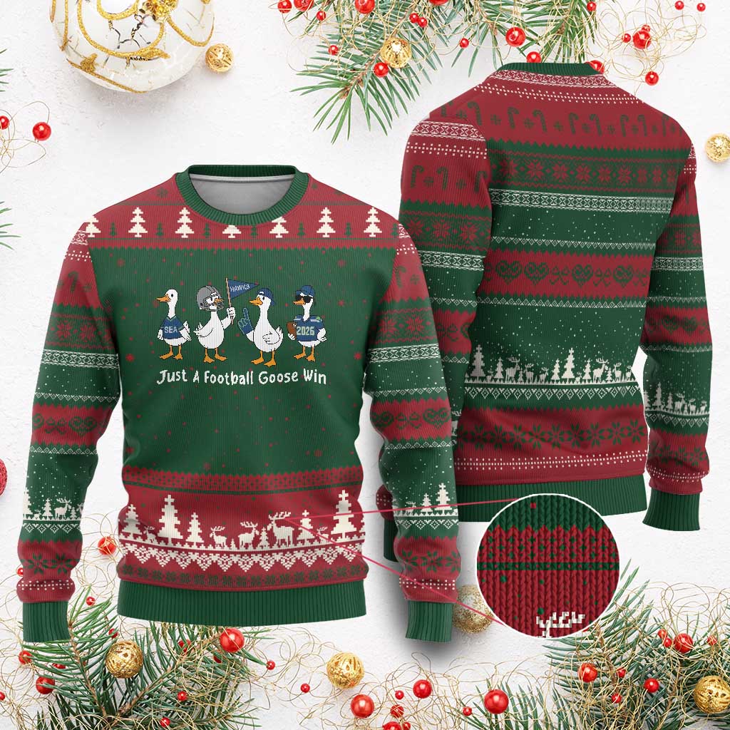 Seattle 2026 Ugly Christmas Sweater Just A Football Goose Win TS14 Red Green Print Your Wear