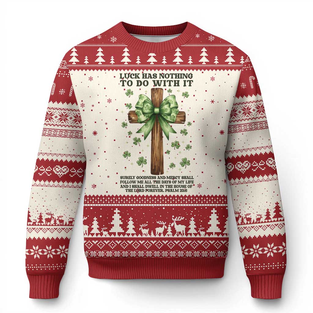 Faith Over Luck St Patrick's Day Ugly Christmas Sweater Christian Jesus Bible Verse Psalm 23 TS14 Beige Red Print Your Wear