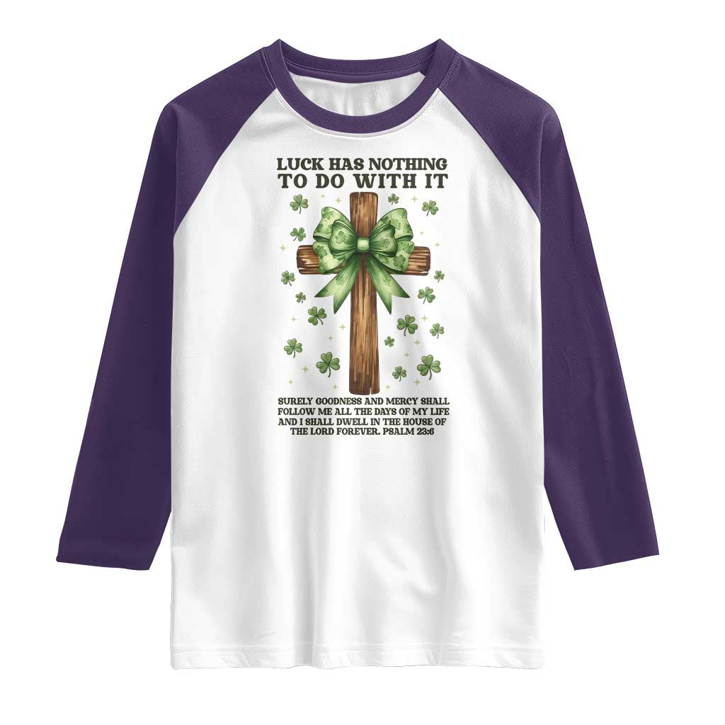 Faith Over Luck St Patrick's Day Raglan Shirt Christian Jesus Bible Verse Psalm 23 TS14 White Purple Print Your Wear