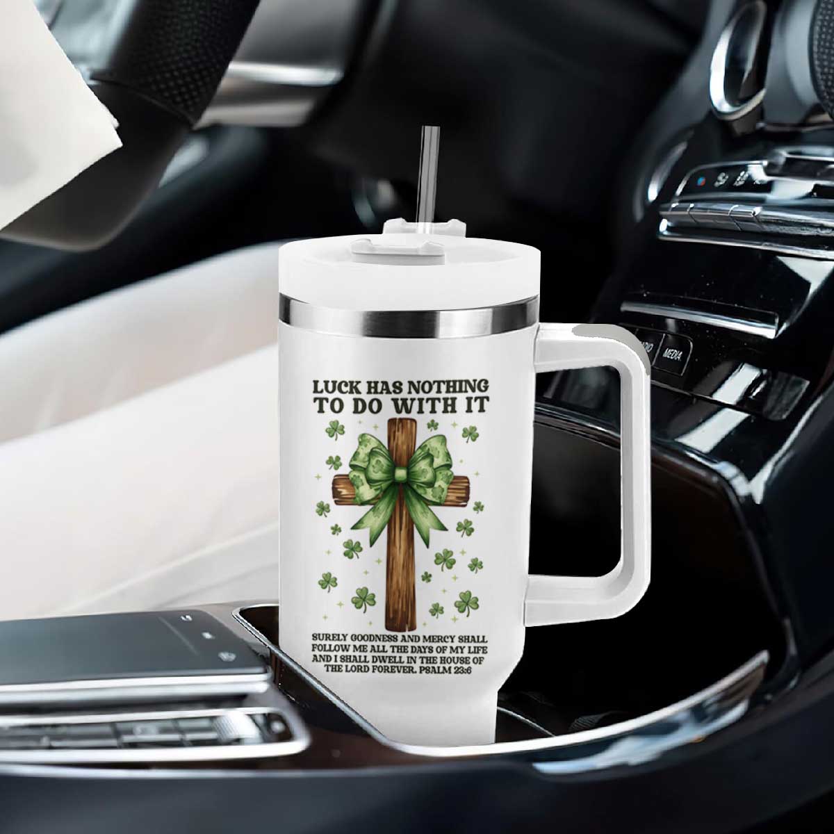 Faith Over Luck St Patrick's Day Tumbler With Handle Christian Jesus Bible Verse Psalm 23 TS14 Print Your Wear