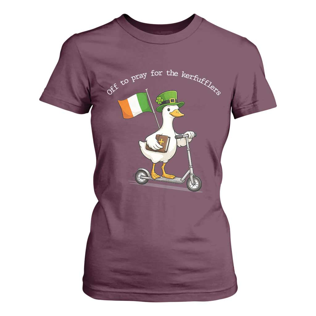 Funny Goose Christian St Patrick's Day T Shirt For Women Off To Pray For The Kerfufflers TS14 Maroon Print Your Wear