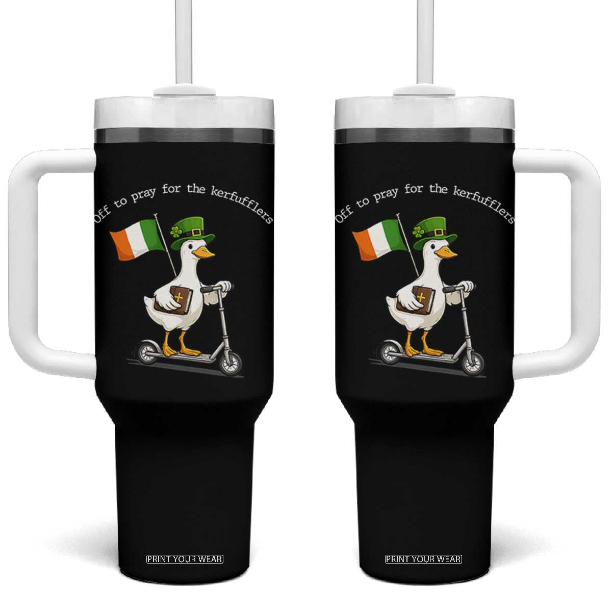 Funny Goose Christian St Patrick's Day Tumbler With Handle Off To Pray For The Kerfufflers TS14 One Size: 40 oz Black Print Your Wear