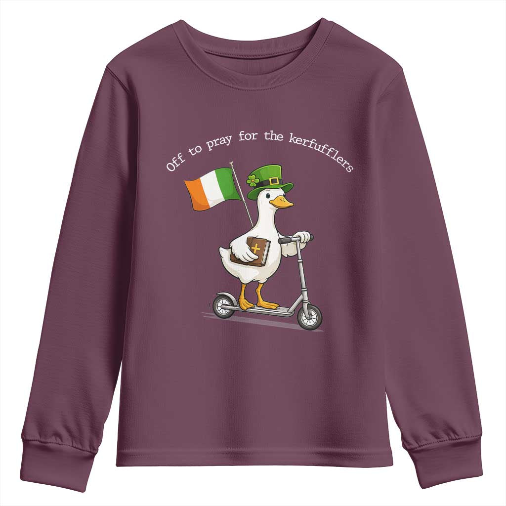 Funny Goose Christian St Patrick's Day Youth Sweatshirt Off To Pray For The Kerfufflers TS14 Maroon Print Your Wear