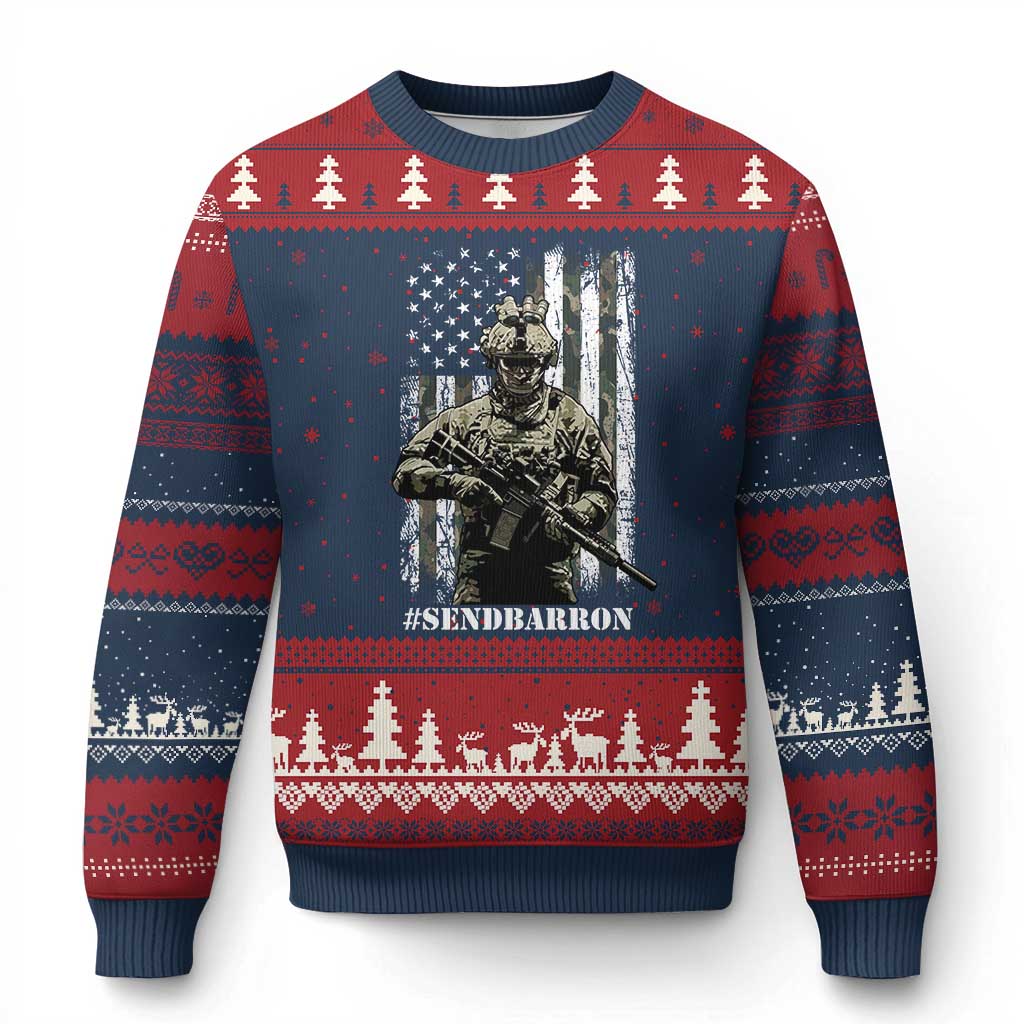 Send Barron Ugly Christmas Sweater Sarcastic Political American Flag Camo Soldier TS14 Navy Red Print Your Wear