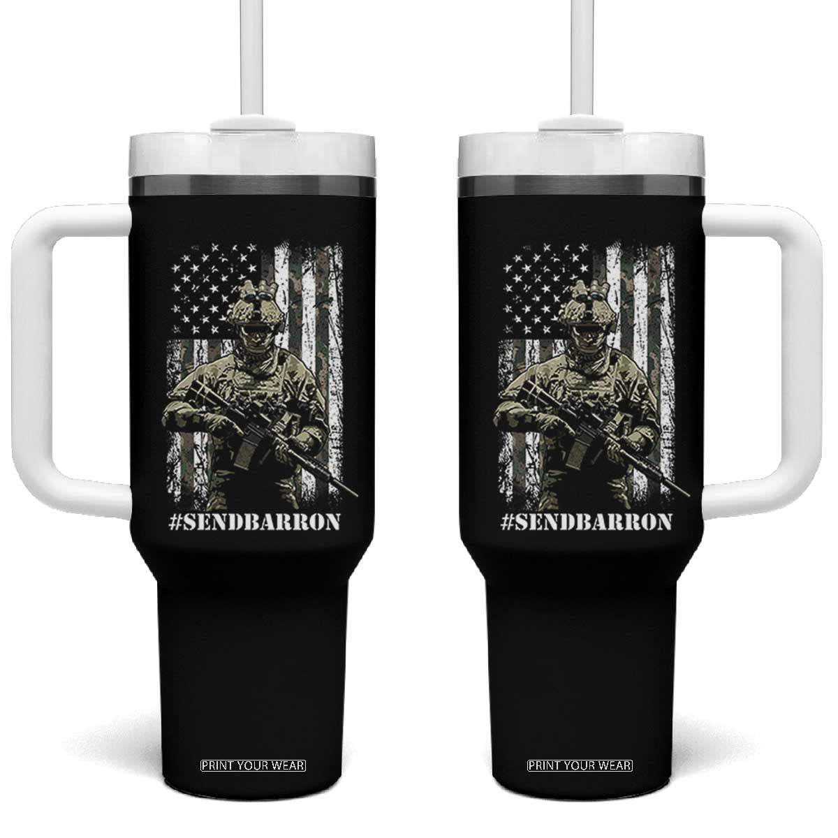 Send Barron Tumbler With Handle Sarcastic Political American Flag Camo Soldier TS14 One Size: 40 oz Black Print Your Wear