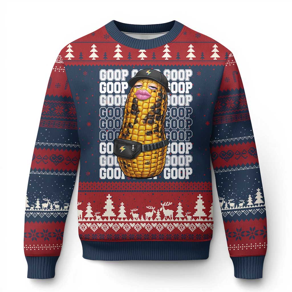 Funny Burnt Peanut Goop Ugly Christmas Sweater Burnt Corn Meme Viral Humor TS14 Navy Red Print Your Wear