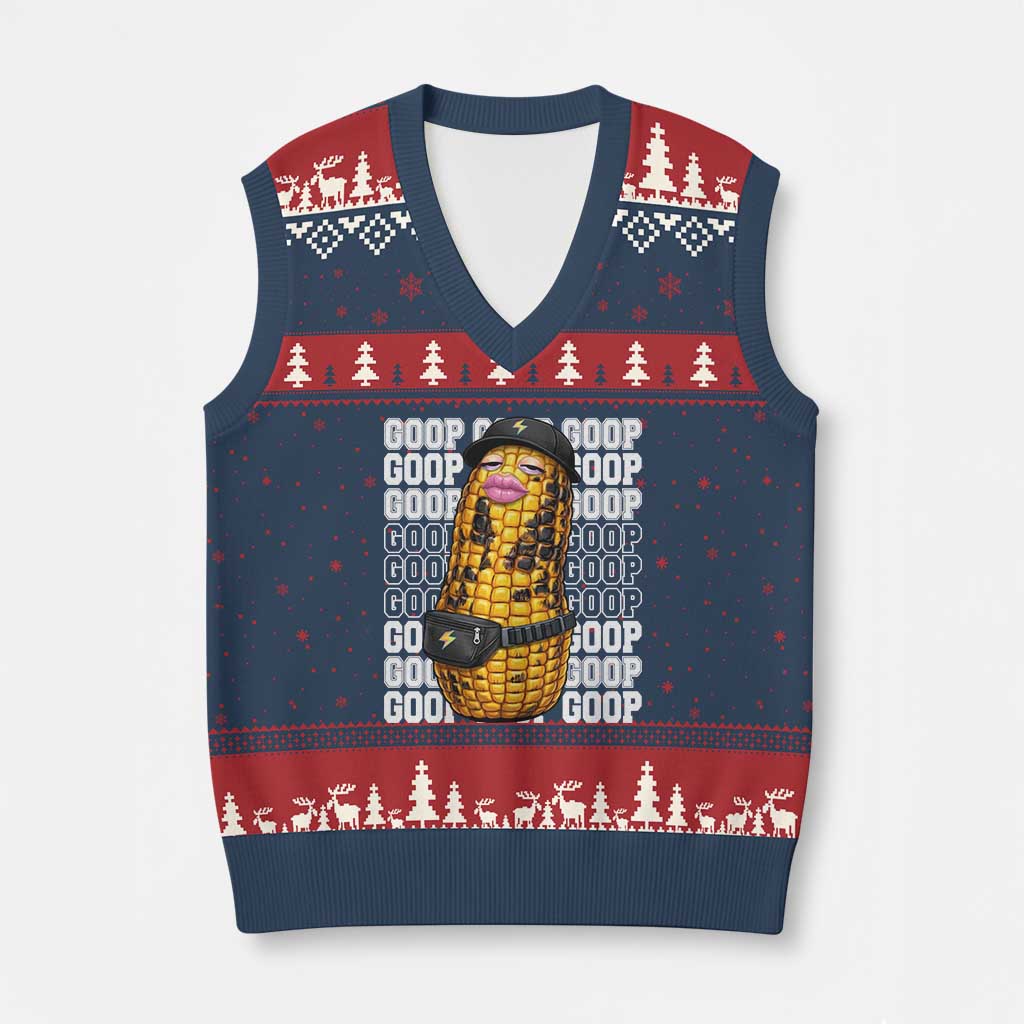 Funny Burnt Peanut Goop V-Neck Knit Sweater Vest Burnt Corn Meme Viral Humor TS14 Navy Red Print Your Wear