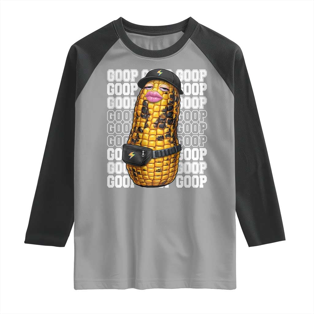 Funny Burnt Peanut Goop Raglan Shirt Burnt Corn Meme Viral Humor TS14 Sport Gray Black Print Your Wear